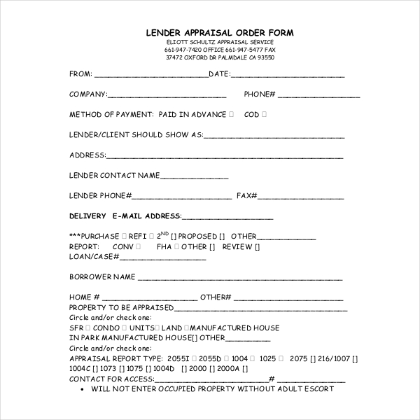 lender appraisal order form