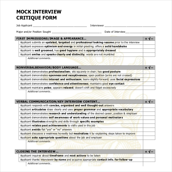 mock interview assessment form