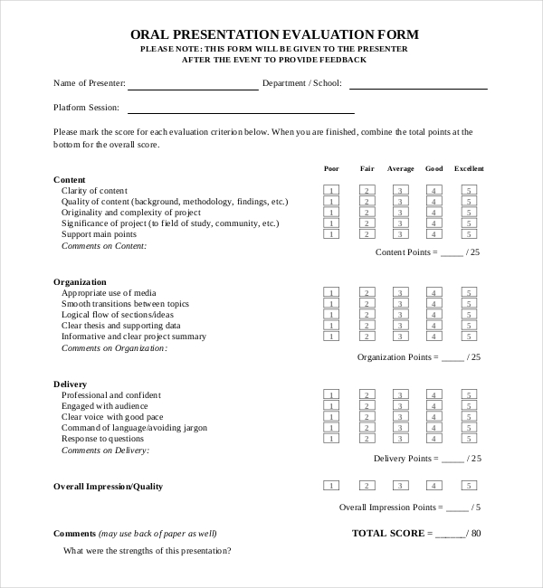 peer assessment speech sheet Forms Sample Evaluation  13  Sample Presentation Forms