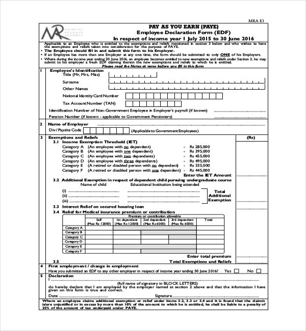 paye employee declaration form