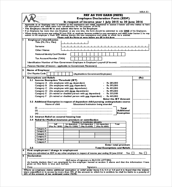 Free 11 Sample Employee Declaration Forms In Pdf Excel Word 0419