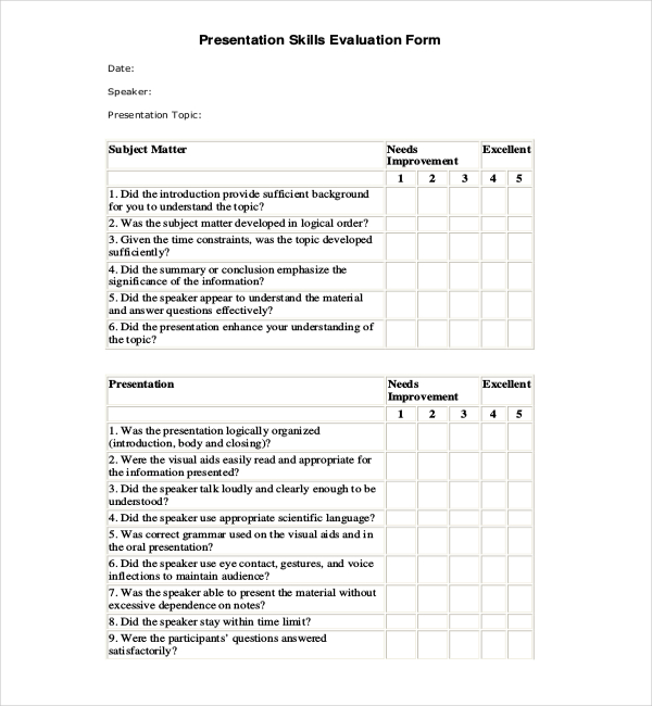 presentation evaluation form questions