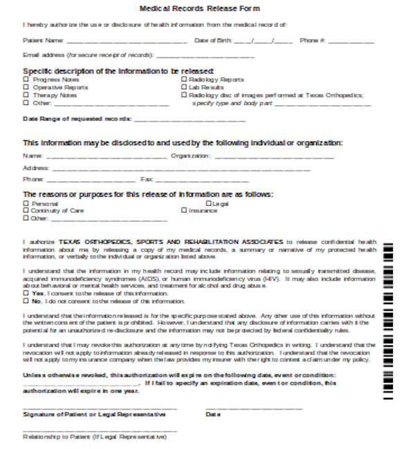 professional medical records release form