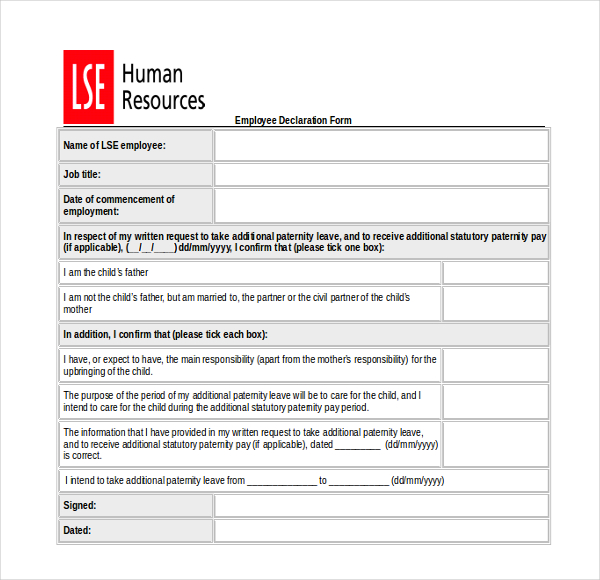 sample employee declaration form download