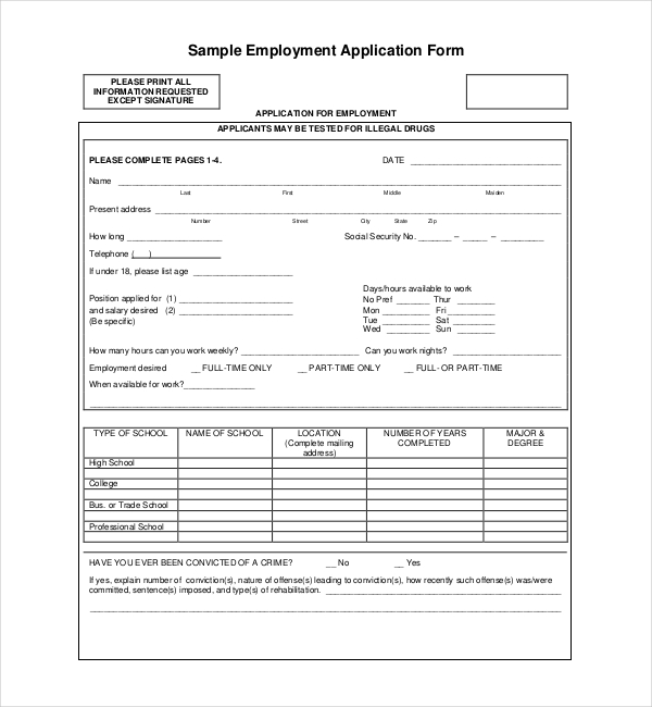 sample employment application form