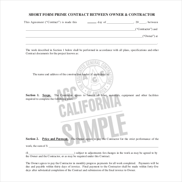 short form prime contract between owner