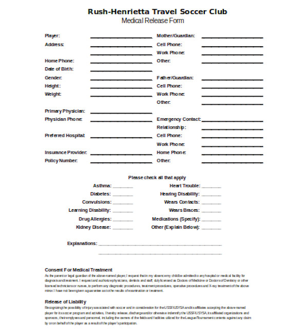 soccer club medical release form