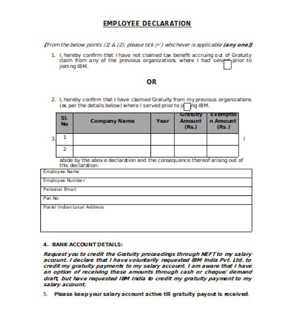 Free 11 Sample Employee Declaration Forms In Pdf Excel Word 2382