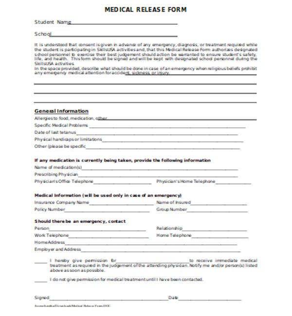 standard medical release form