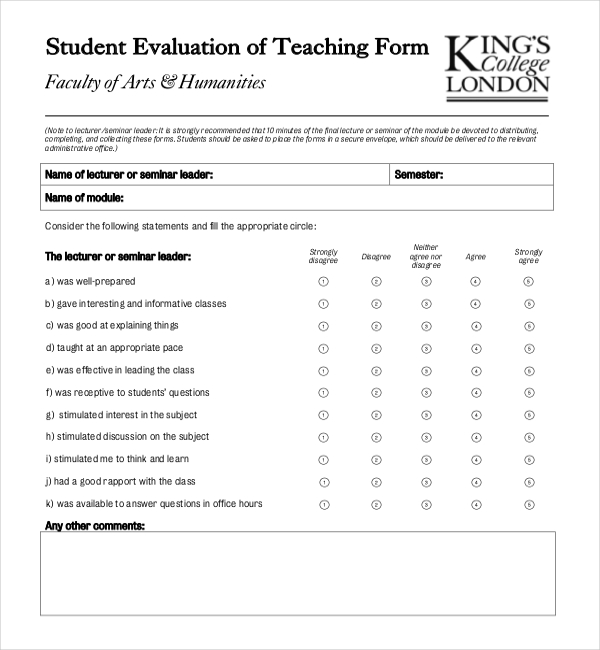 student evaluation of teaching form