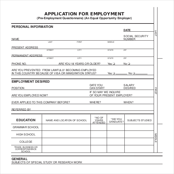 Application form for employee