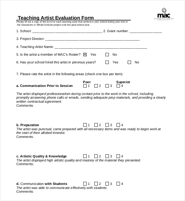 art teacher evaluation form