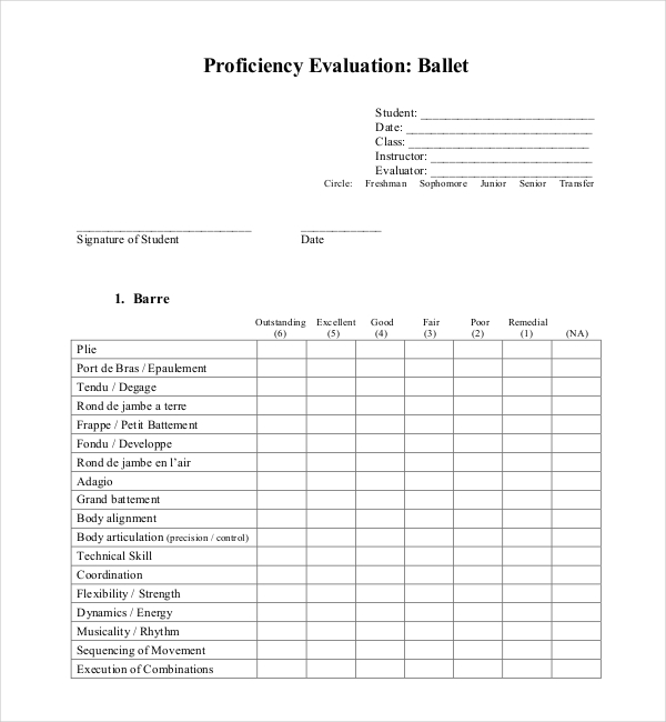 ballet student evaluation form