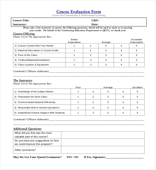 FREE 25+ Sample Course Evaluation Forms in PDF Word Excel