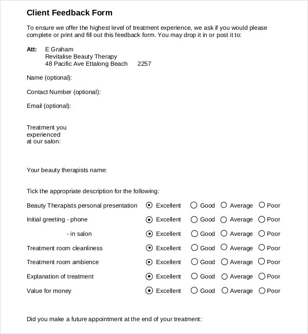 beauty salon customer feedback form