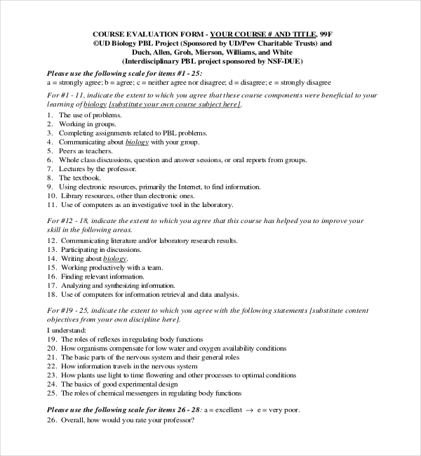 FREE 28+ Course Evaluation Form Samples, PDF, MS Word, Google Docs, Excel