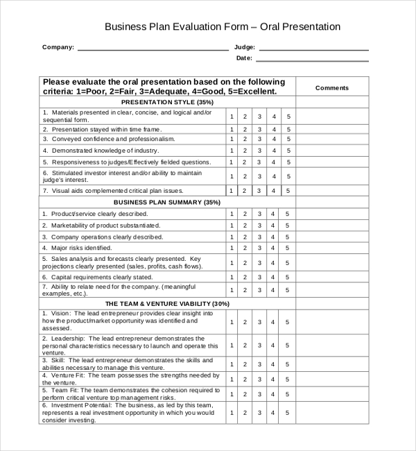business plan presentation evaluation form