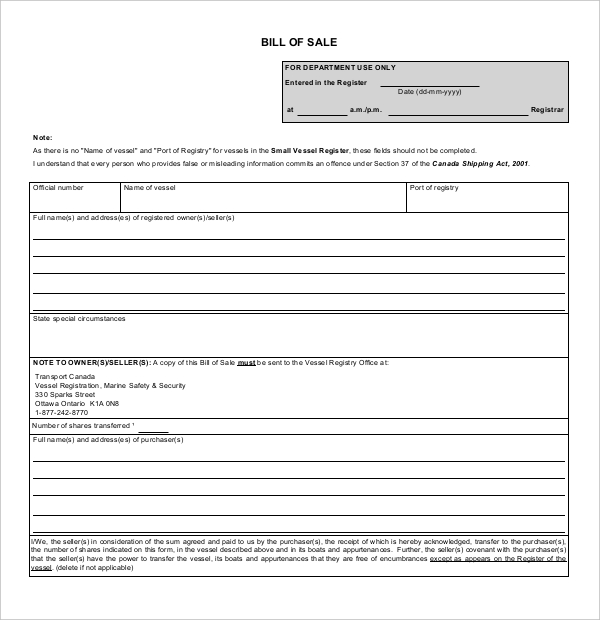 canadian boat bill of sale form