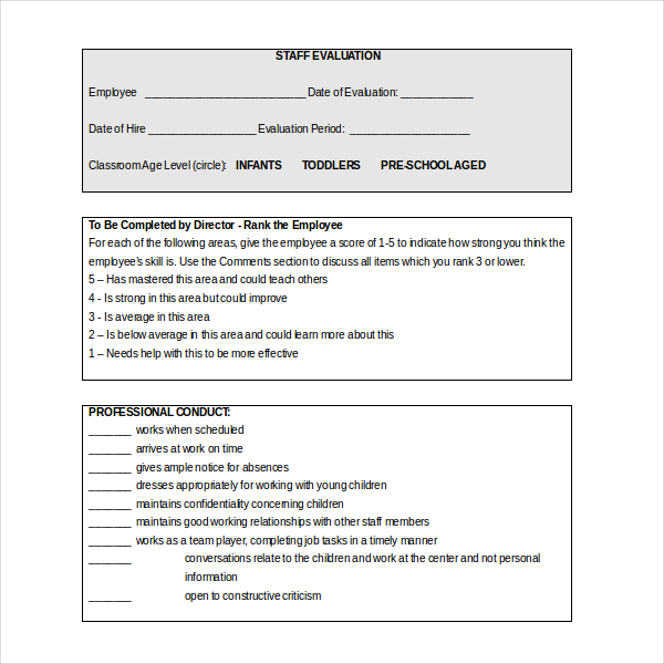 child care teacher evaluation form