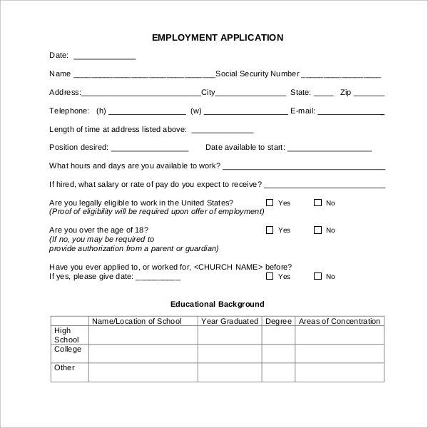 church application for employment form