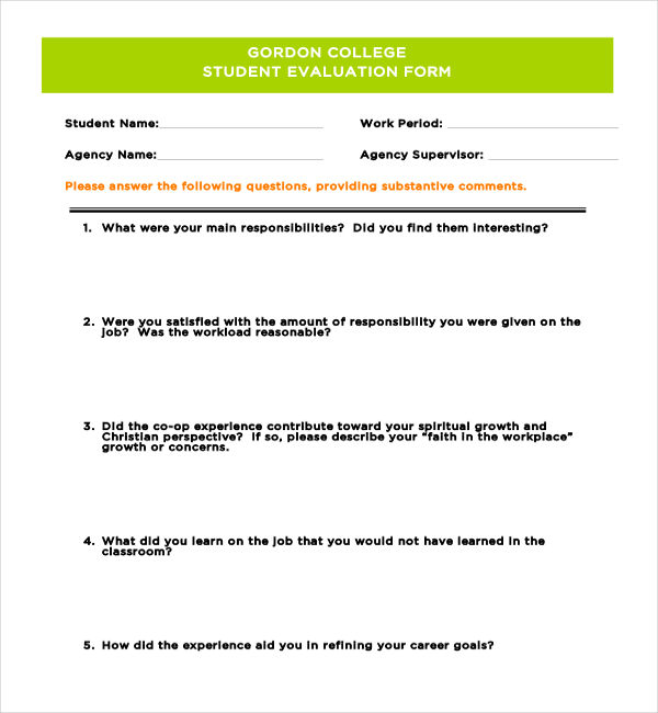 college student evaluation form