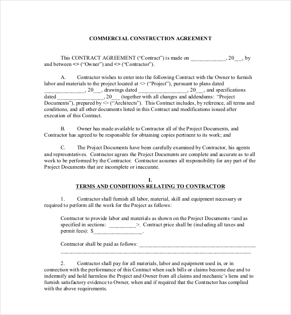 commercial construction contract form