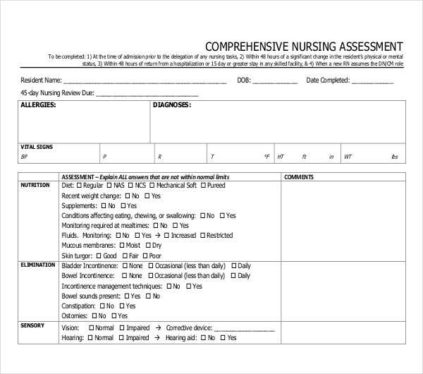 comprehensive nursing assessment form