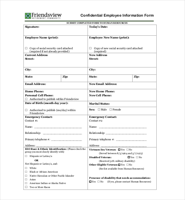 confidential employee information form