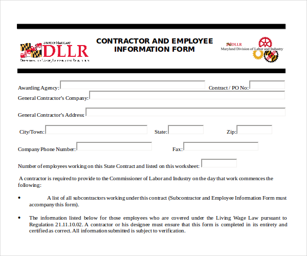 contractor and employee information form