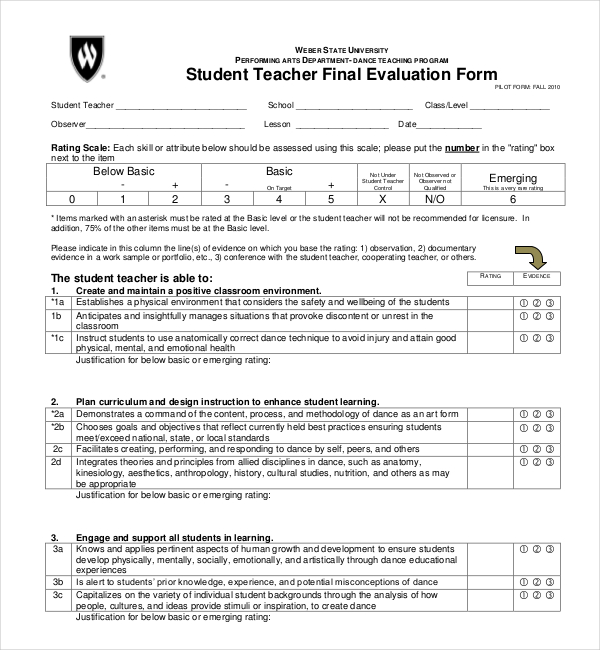 dance student evaluation form