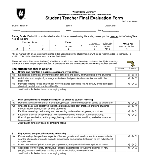 dance teacher evaluation form