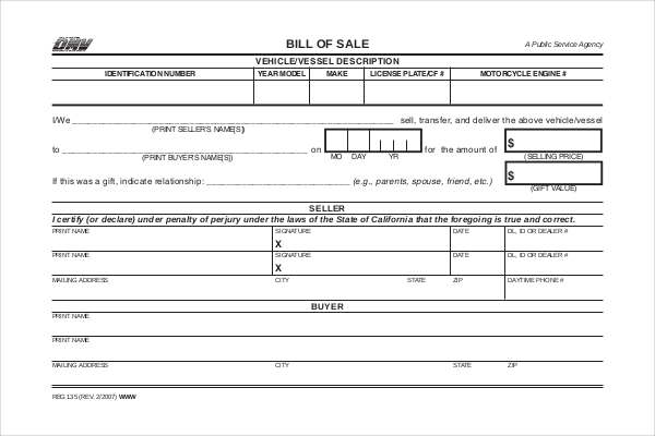 dmv bill of sale form ca