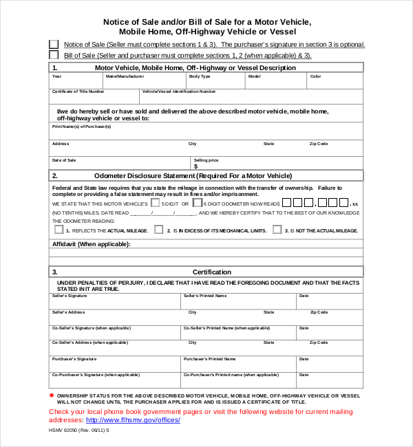 dmv bill of sale form florida