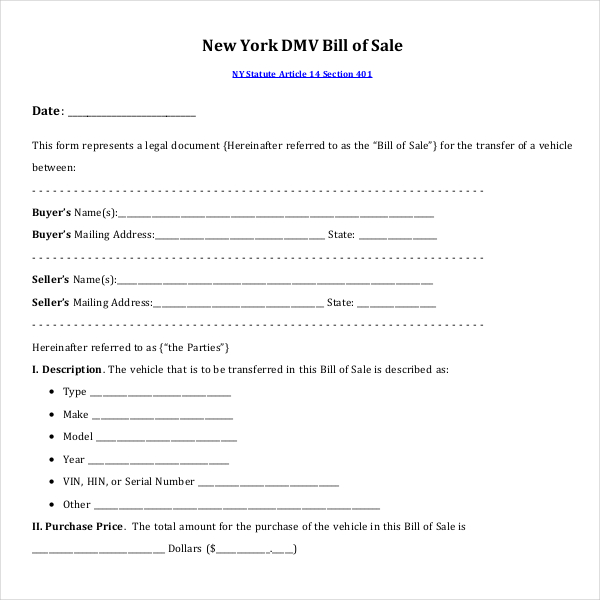 Printable Dmv Bill Of Sale Form