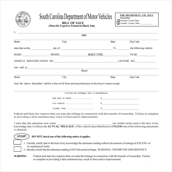 dmv bill of sale form south carolina