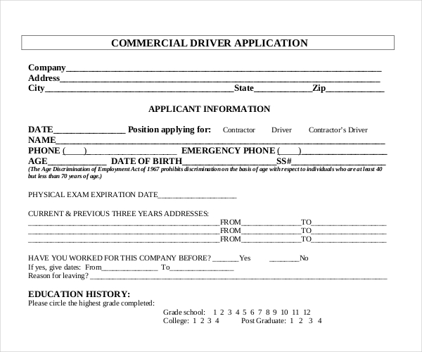 for application form job driver Employment Sample Application  Forms 12 Documents  Free