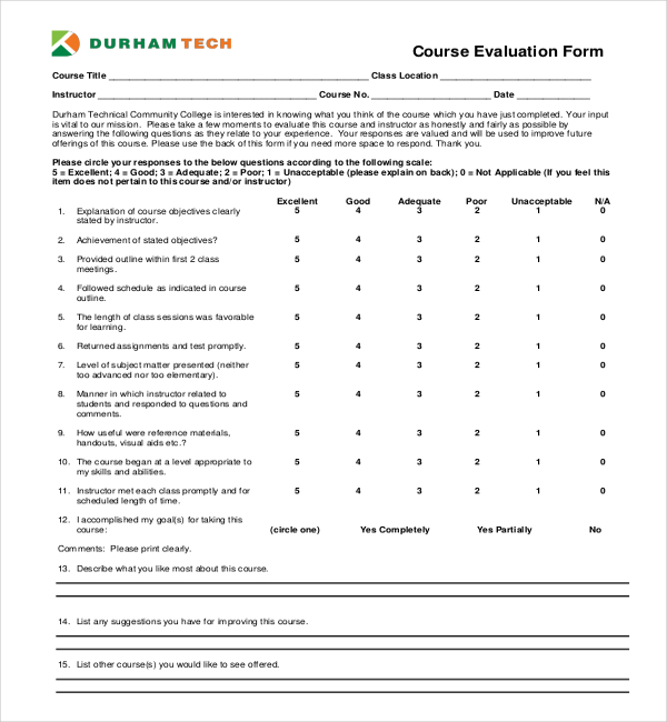 education evaluation form sample