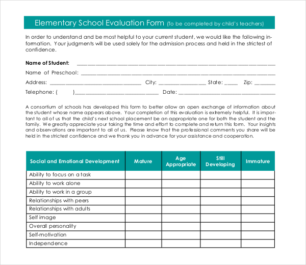 elementary student evaluation form