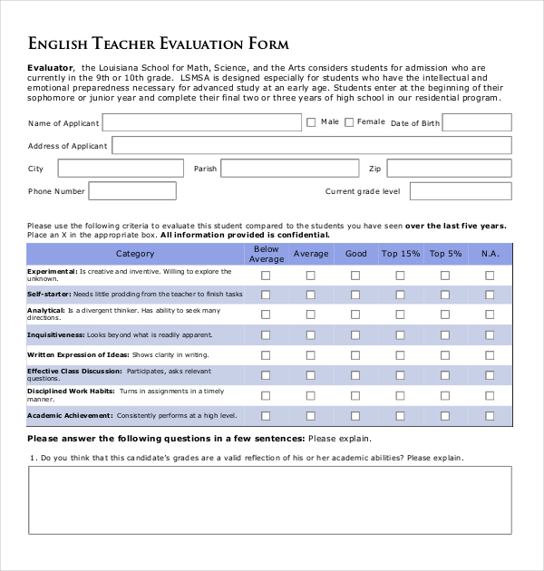 english teacher evaluation form