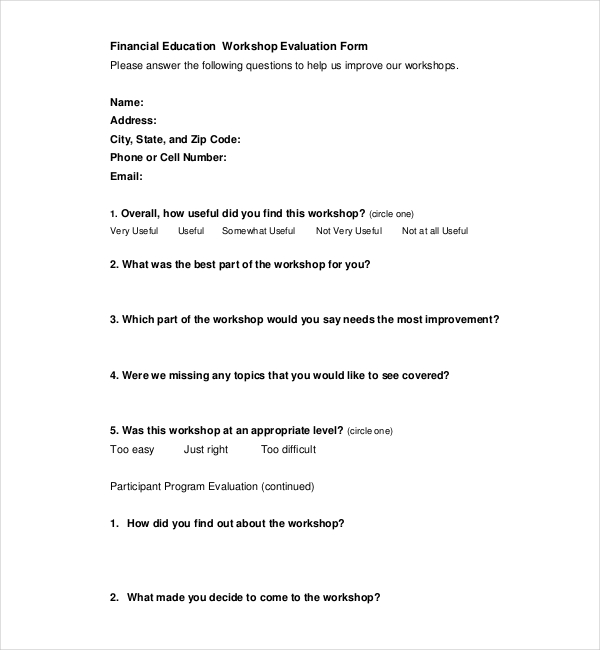 financial workshop evaluation form