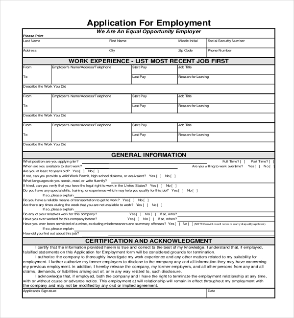 free 13 sample employment application forms in pdf ms word xls