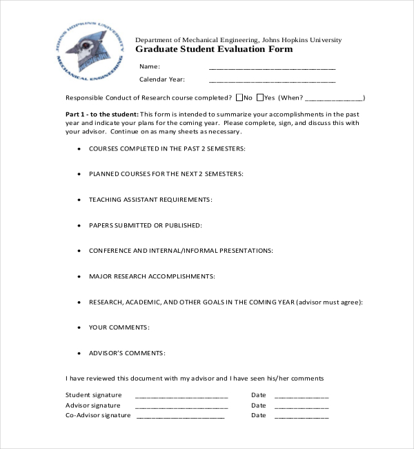 graduate student evaluation form