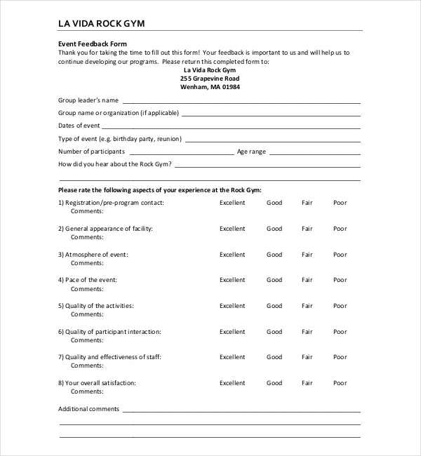 gym customer feedback form