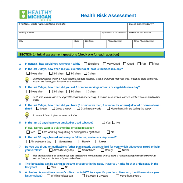 health risk assessment form