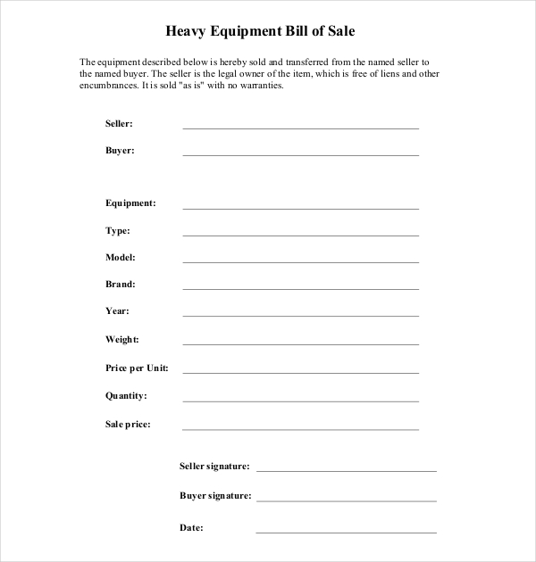 heavy equipment bill of sale