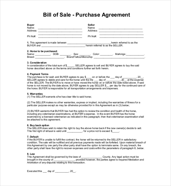 horse bill of sale template uk