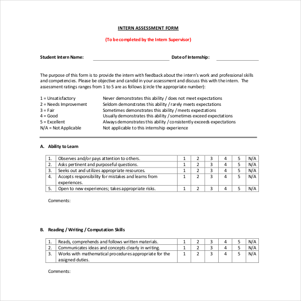 internship interview assessment form