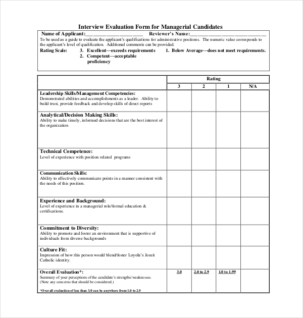 interview assessment form for managerial position