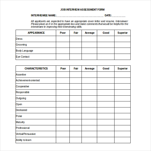 job interview assessment form