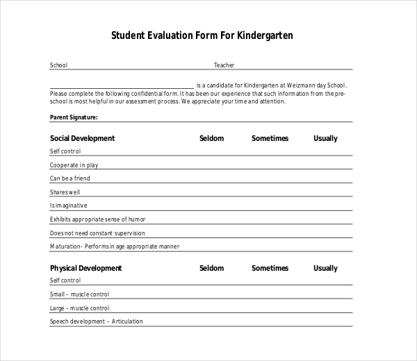 kindergarten student evaluation form